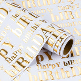 3D Kraft Birthday Wrapping Paper Roll - Mini Roll - 17 Inch X 16.5 Feet - Gold And White Happy Birthday Lettering Design With Embossed Perfect For Holiday, Party Celebration