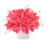 Artificial Flowers In White Vase, Fake Hot Pink Lily Flowers With White Ceramic Vase, Small Potted Faux Floral Arrangements For Home Coffee Tea Wedding Dining Table Centerpiece Lavatory Decor