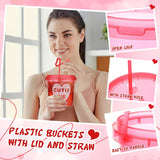 24 Pack 32Oz Valentine'S Day Buckets With Lids And Straws Heart Plastic Rum Buckets For Drinks And Ice Cream Reusable Food Containers With Handle Cocktail Cups For Bachelorette Party Wedding