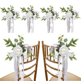 Fqqwee 6Pcs Wedding Aisle Chair Decorations White Rose Floral Wedding Chair Back Flowers With Leaves And Ribbons Church Chair Bench Pew Flowers For Wedding Ceremony Decor …, 10.11X10.62 Inch