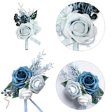 Corsage And Boutonniere Set For Bride Groom Bridesmaids Groomsmen Wedding Prom Elegant Corsage Boutonniere Kit Supplies, Artificial Flowers Suit Accessories (1, Dusty Blue)