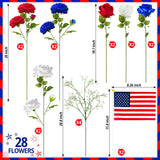 28 Pcs Red White And Blue Flowers, Patriotic Memorial Bouquet Atificial Flowers, Thank You Veterans Roses With American Flags, Artificial Full Blooming Flower For Memorial Day, Red/Blue/White