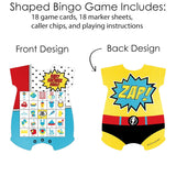 Big Dot of Happiness Bam Superhero - Picture Bingo Cards and Markers - Baby Shower Shaped Bingo Game - Set of 18
