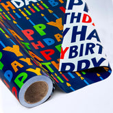 Reversible Birthday Wrapping Paper Roll - 17 Inch X 33 Ft(46.8 Sq.Ft.Ttl) - Creative Colorful Happy Birthday Lettering & Candle Navy Blue Gift Wrap For Party, Baby Shower & Holiday