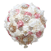 Handmade Rose Floral Crystal Pendant Pearl Decor Bridal Wedding Bouquet Gold Rhinestone Artificial Brooch Flowers For Quinceanera