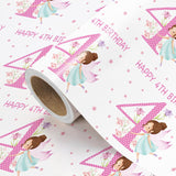 Girls 4Th Birthday Wrapping Paper Roll - Mini Roll - 17 Inch X 16.5 Feet - Girl Fairy Happy 4Th Birthday Wrapping Paper Perfect For Kids Girls, Baby Shower, Party