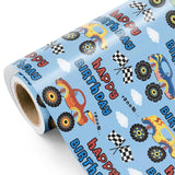 Truck Wrapping Paper - Mini Roll - 17 Inch X 9.8 Feet - Light Blue Happy Birthday Wrapping Paper For Kids Boys, Baby Shower, Car Lover