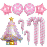 9Pcs Pink Christmas Balloons Decorations, Christmas Tree Balloon, Candy Cane Foil Balloon For Xmas Party New Year Birthday Party Supplies