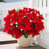 14'' Poinsettias Artificial Christmas Flowers For Outdoors,12 Bundles Mixed Fake Red Silk Flowers Faux Plastic Plants Uv Resistant For Home Garden Porch Patio Outdoor Indoor Decor