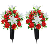 Artificial Cemetery Flowers With Vase, Set Of 2 Rose Lily Bouquet Graveside Decoration, Artificial Memorial Flowers For Easter Mother'S Day Arrangements