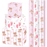 Bear Baby Shower Wrapping Paper - Mini Roll - 3 Rolls - 17 Inch X 120 Inch - Coquette Teddy Bear With Pink Ribbon Bow Wrapping Paper For Baby Shower, Girls Birthday