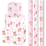 Bear Baby Shower Wrapping Paper - Mini Roll - 3 Rolls - 17 Inch X 120 Inch - Coquette Teddy Bear With Pink Ribbon Bow Wrapping Paper For Baby Shower, Girls Birthday