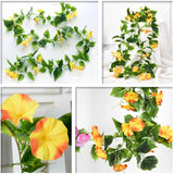 Fake Morning Glory Hanging Plants, Artificial Vines Silk Flowers Faux Ivy Plastic Greenery Garland Plant For Home Garden Yard Wall Fence Stairway Wedding Party Basket Diy Decoration Orange 2 Pack