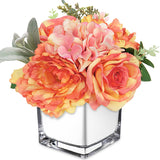 Artificial Flowers In Vase Fake Silk Hydrangea Rose Flower Arrangement Faux Potted Flowers For Indoor Home Bathroom Office Table Shelf Decor, Orange