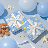 1St Birthday Wrapping Paper Roll For Toddler Boy, Mini Roll, Blue Bear Clouds Balloons And Number 1 Gift Wrap Paper For First Birthday, Baby Shower Celebration, 17 Inches X 16.4 Feet
