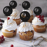 24Pcs Magic 8 Ball Cupcake Toppers, Billiard Ball Cupcake Toppers, Billiard 8 Cupcake Picks For Snooker Pool Balls Party, Pool Game/8Th Birthday Themed Party Decoration - Black Glitter