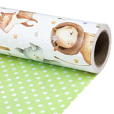 Neutral Baby Shower Reversible Wrapping Paper Roll, Mini Roll, Cute Safari Jungle Animals & Green Polka Dots Gift Wrap For Kids' Birthday, Baby Shower, Nursery Celebrations, 17 Inch X 9.8 Feet