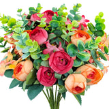 4 Bunches Peony Artificial Flowers Silk Faux Peonies With Plastic Eucalyptus Leaves Fake Bouquets For Home Indoor Outdoors Table Floral Arrangement Decoration (Red And Orange)