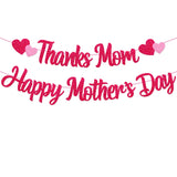 Thanks Mom Happy Mother's Day Banner Heart Flower Crown Love Themed Party Decorations for Women Happy Mother's Day Celebration Supplies (Rose Red)