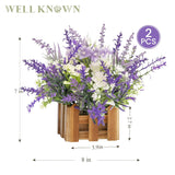 Artificial Lavender Plants In Wooden Baskets, Artificial Mini White Flower Arrangement In Planter For Home Hotel Office Table Wedding Centerpieces & Gift(Set Of 2)