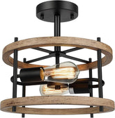 2 Light Retro Farmhouse Ceiling Light Rustic Wood and Black Metal Semi Flush Mount