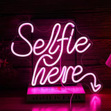 Selfie Here Neon Sign Dimmable Pink LED Wall Decor Light for Selfie Station Photo Studio