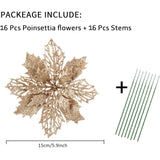 16 Pcs Glitter Poinsettia Flowers Artificial - Christmas Champagne Poinsettia Decorations Tree Flowers Ornaments For Xmas/Holiday/Seasonal/Wedding Decor