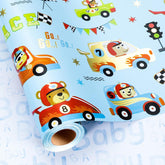 Blue Cars Wrapping Paper Rolls, Reversible Animal Race Car Gift Wrap Paper For Kids And Boys - 17 In X 16.4 Ft(23.3 Sqft) - Perfect For Baby Shower, Birthday, Party