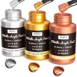 Acrylic Paint Metallic, 3 Colors Gold, Silver, Copper 25.35Oz/750Ml Gold Leaf Paint, Non Toxic, Non Fading For Art Painting, Handcrafts, Ideal For Multi-Surface, Canvas, Wood, Clay, Metal
