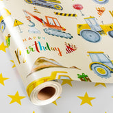 Construction Wrapping Paper Roll, Colorful Excavator,Tractor With Happy Birthday & Star Reversible Gift Wrap For Kids Birthday, Baby Boy Shower, Party, Celebration - Mini Roll(17 In X 32.8 Ft)