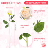 50 Pcs Artificial Rose Flower Bulk Realistic Silk Fake Roses With Long Stem Plastic Artificial Flower Bouquet Real Looking For Home Wedding Centerpieces Party Decoration(Beige Champagne)