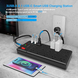 Black Surge Protector Power Strip with 10FT Cord 15 Widely Spaced Outlets and USB Ports