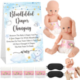 9 Pcs Baby Shower Game Supplies For Blindfold Diaper Changing With Dolls, Blindfolds, Diapers - Changing Race Game Set (Elephant, Blue)