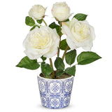 White Real Touch Roses Artificial Flowers In Vase Blue And White Porcelain Ceramic Pot 13.4" Fake Roses Flower Arrangement Artificial Plants & Flowers Potted Plant Faux Silk Rose Flower