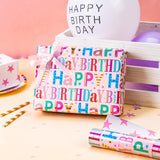 Pink Birthday Wrapping Paper Roll - Colorful Happy Birthday Letters With Metallic Foil Shine & Stars Reversible Gift Wrap For Girls Baby Shower, Party - Mini Roll - 17 Inch X 16.5 Feet