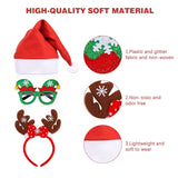 18 Pcs Christmas Glasses Glitter Headbands Hats Set, Hair Hoop Eyewear Eyeglasses Frame Santa Hat Photo Props For Christmas Party Favors Holiday Photos Booth