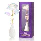 Rainbow Artificial Rose Flower Valentines Day Gifts For Mom With Gold Foil Stem&Ceramic Vase Gifts For Her,Girlfriend, Rose Gifts For Women, Wife, Unique Gifts For Birthday Anniversary Mother'S Day