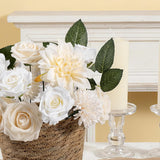 White Flower Artificial Roses Faux Flowers With Stems Mix Fake Roses Dahlia Chrysanthemum Ball For Wedding Bridal Bouquets, Table Centerpieces, Baby Shower, Party, Home Decorations