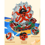 Octopus Pop Up Card With Envelope - Cool Pirate Captain Fun 3D Card For All Occasion Birthday Christmas Valentines Easter With Blank Note, Surprise Gifts For Boys Kids Son Brother Friends
