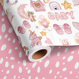 Reverible Baby Girl Wrapping Paper Roll Pink Gift Wrap Sheets With Baby Bear Unicorn Rainbow Princess Designs For Girls Wedding Neutral Baby Shower Birthday Party - Total 28.5Sq.Ft