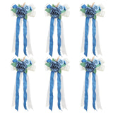 6 Pieces Blue Wedding Flowers Decor, Aisle Flowers Artificial Dusty Blue Flower Chair Ribbon Bow Decorations For Wedding Ceremony Party Church Banquet