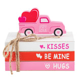 Valentines Day Decorations, Valentine'S Day Tiered Tray Table Shelf Decor For Home Office, Decorative Ornaments Set Wood Book Stack Valentine Truck Bundle