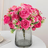 Artificial Flowers, 3Pcs Silk Fake Peonies Faux Hot Pink Artificial Flowers Peonies Bouquet Arrangements Table Centerpieces For Wedding Office Home Decor Cake