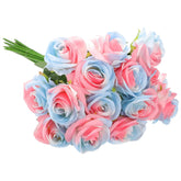 15Pcs Fake Roses, Roses Artificial Flowers Artificial Roses Silk Roses With Long Stems Real Look Real Touch Bouquet For Home Decor Table Decorations Wedding, Gradient Blue Pink