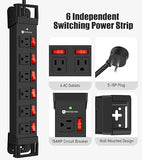 Heavy Duty Power Strip 1200J Surge Protector 14AWG 6FT Cord Individual Switches Black