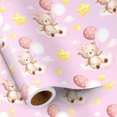 Baby Shower Bear Wrapping Paper Roll For Toddler Girl, Mini Roll, Pink Bear With Clouds Balloons Stars Gift Wrap Paper For Birthday Party, Baby Shower, 17 Inches X 16.4 Feet