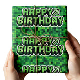 Birthday Wrapping Paper Boy Happy Gift Wrap Bag Party Decoration For Kids Gamer Thick Cute Pixel Style 17X29.5” 10 Sheets In A Roll Green