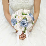 Wedding Bouquets For Bride & Bridesmaid - Realistic Silk Flowers Artificial Roses, 8 Inch Bridesmaid Bouquet For Ceremony, Church, Anniversary, And Home Decoration (White & Blue)