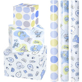 Blue Baby Shower Wrapping Paper Roll, Baby Bear Toy & Polka Dots For Baby Boy'S 1St Birthday, Newborn Party, Mini Roll With Cut Lines, 17 X 120 Inches, 3 Rolls
