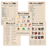 40Th Birthday Party Games, Born In 1986 Games Bundle, Set Of 5 Activities For 10 Guests, Birthday Party Supplies For Adults, Pack Of 50 Cards
